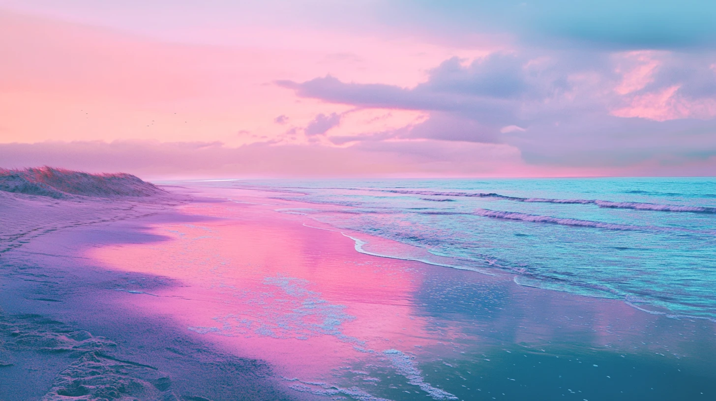 Scène de plage surréaliste et sereine aux couleurs métalliques pastel