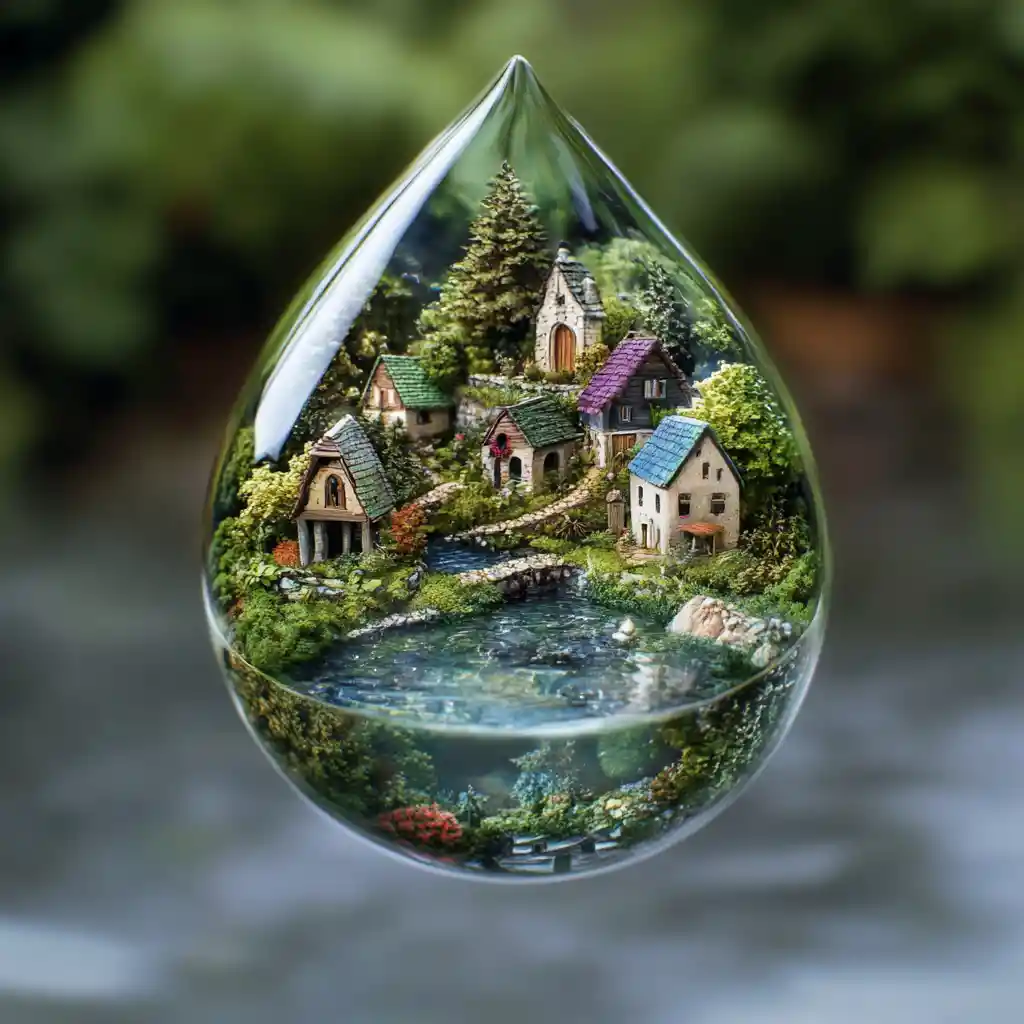 Piccolo villaggio riflesso in una goccia d’acqua scintillante