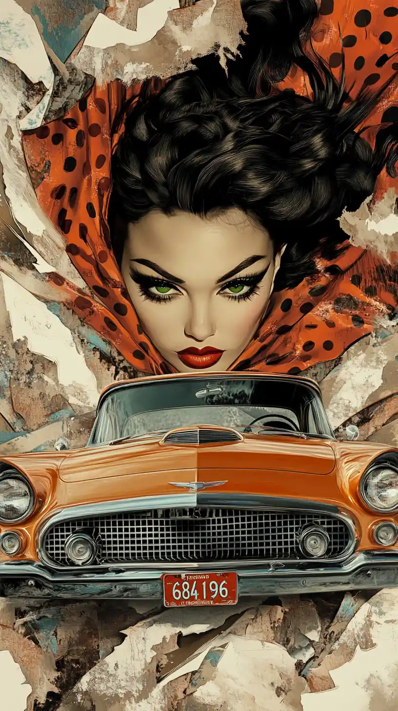 Donna vintage con auto d’epoca in audace pittura astratta