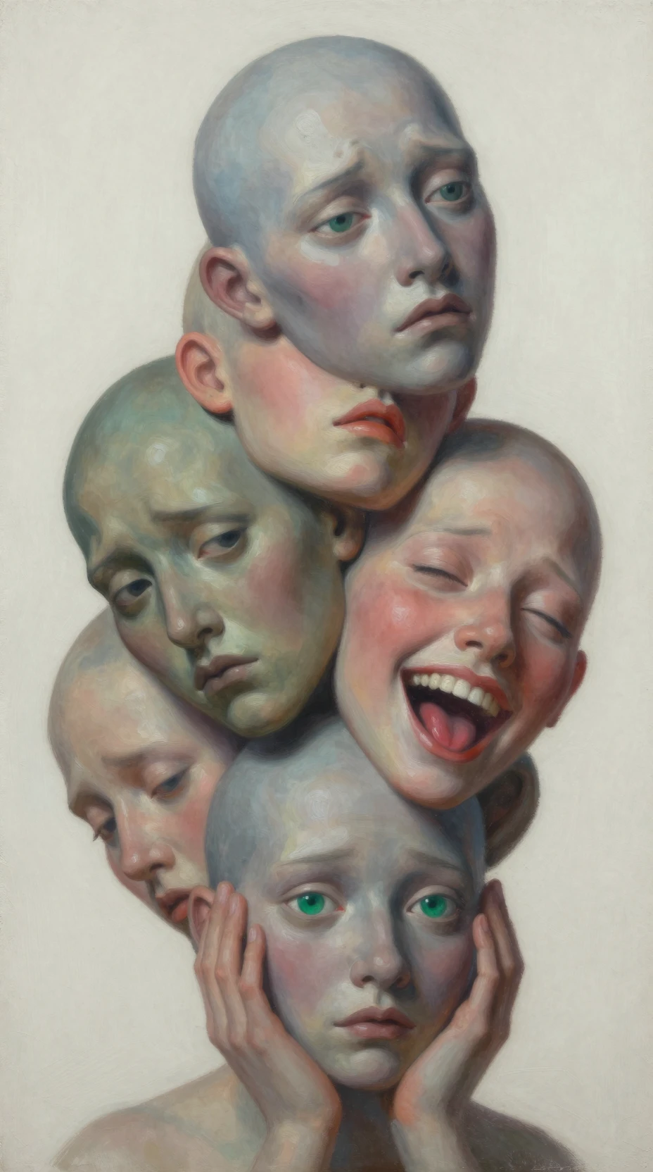 Pilha surreal de cabeças desmembradas e expressivas em pintura a óleo