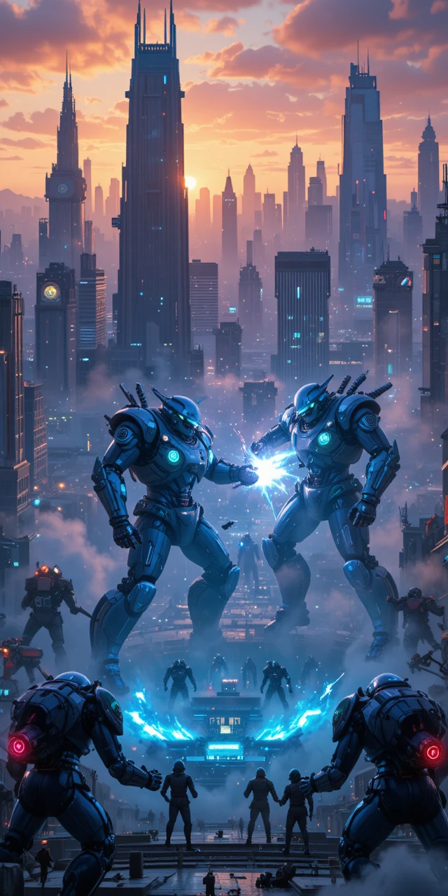Futuristische Mecha-Schlacht in einer Neon-Stadion-Arena bei Sonnenuntergang