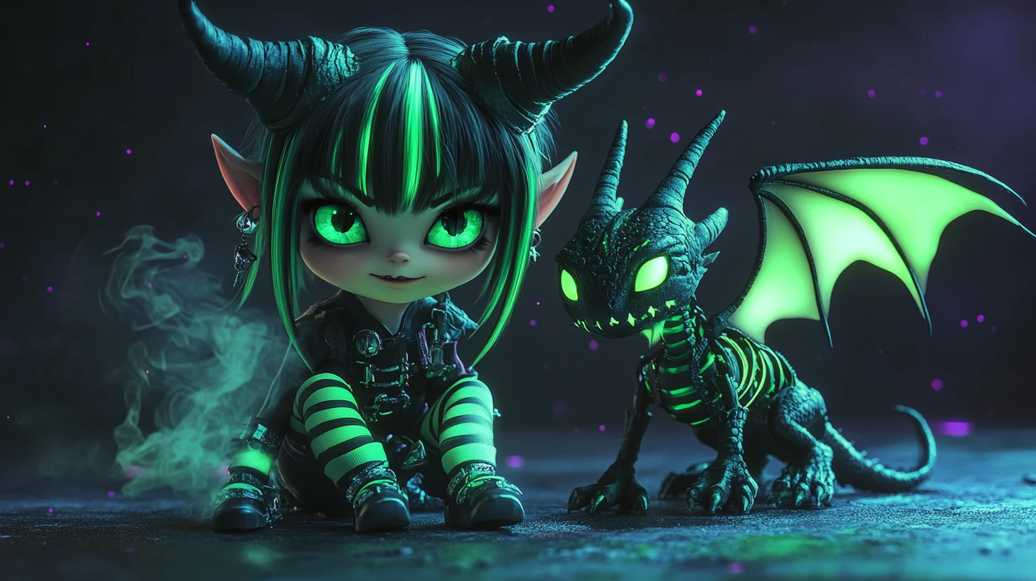ネオンの角とドラゴンを従えたゴシックなデフォルメ悪魔少女