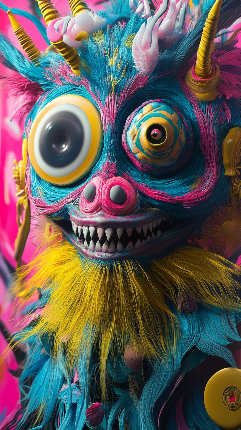 Retrato de monstro colorido com sorriso intenso e detalhes dourados