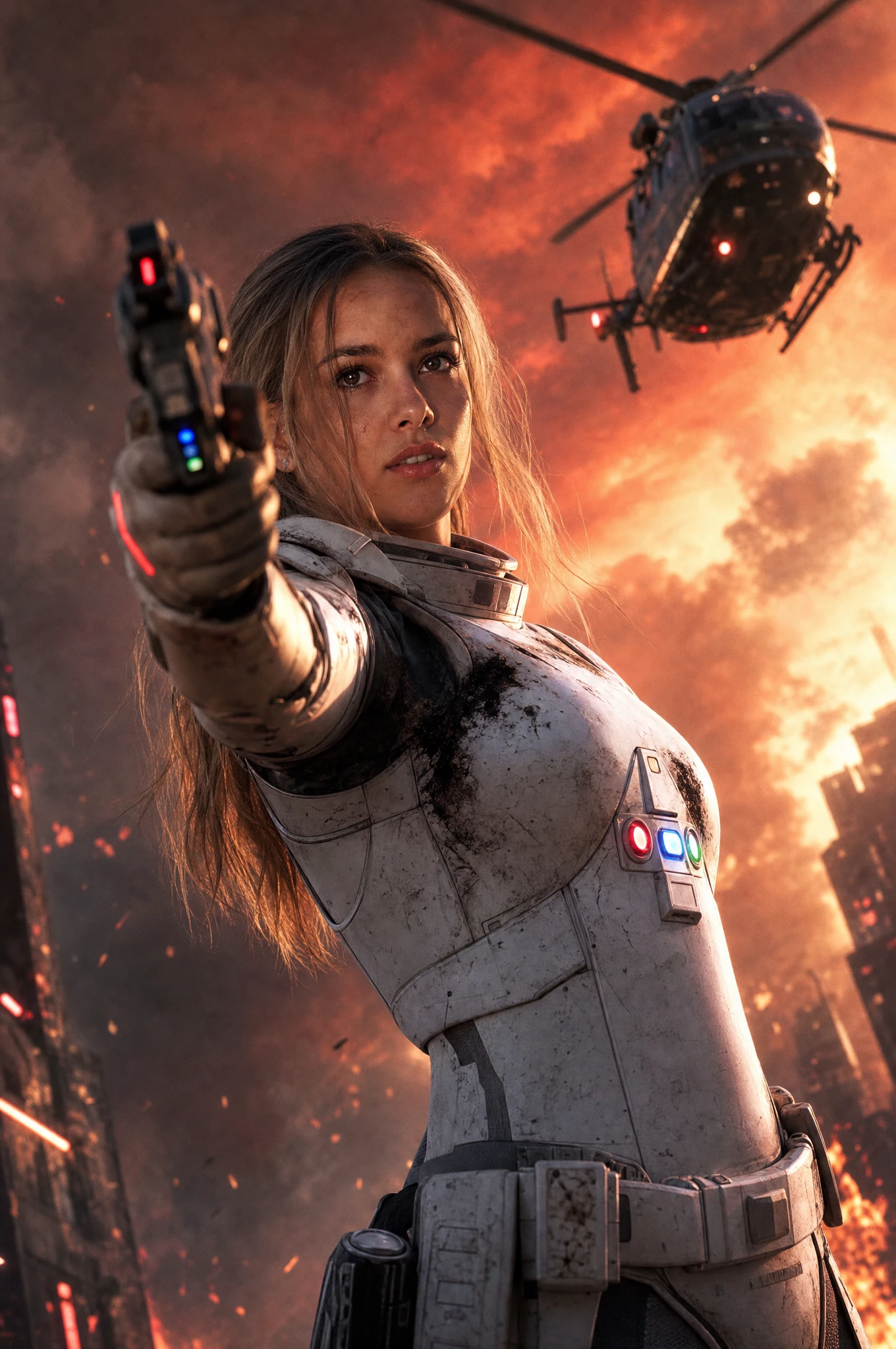 Woman in sci fi armor aiming gun at burning sky helicopter
