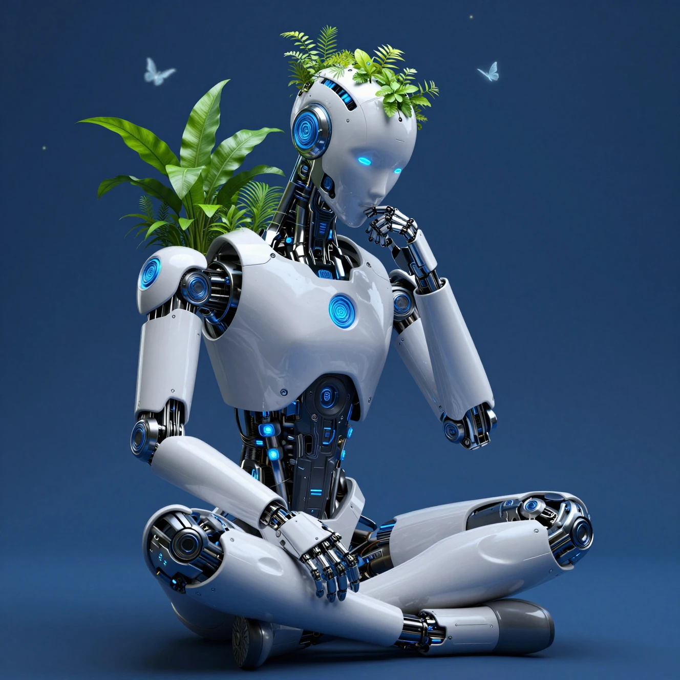 Robô futurista meditando com plantas crescendo da cabeça