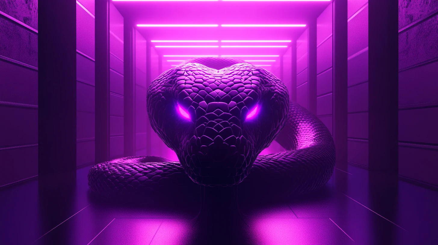 Coiled serpent glowing in a neon fantasy hallway
