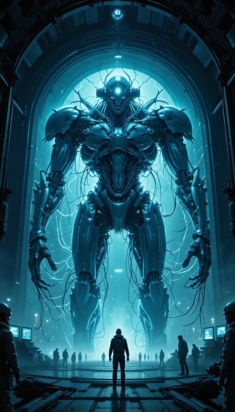 Mecha biomecânico despertando dentro de um imenso hangar de ficção científica