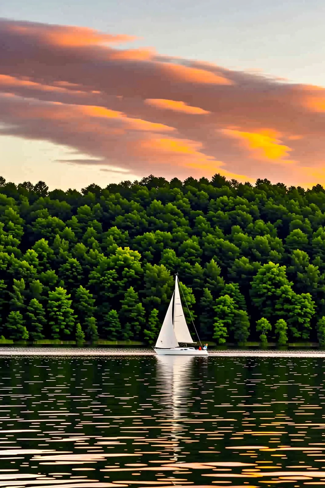 Veleiro em lago tranquilo ao pôr do sol dourado de verão