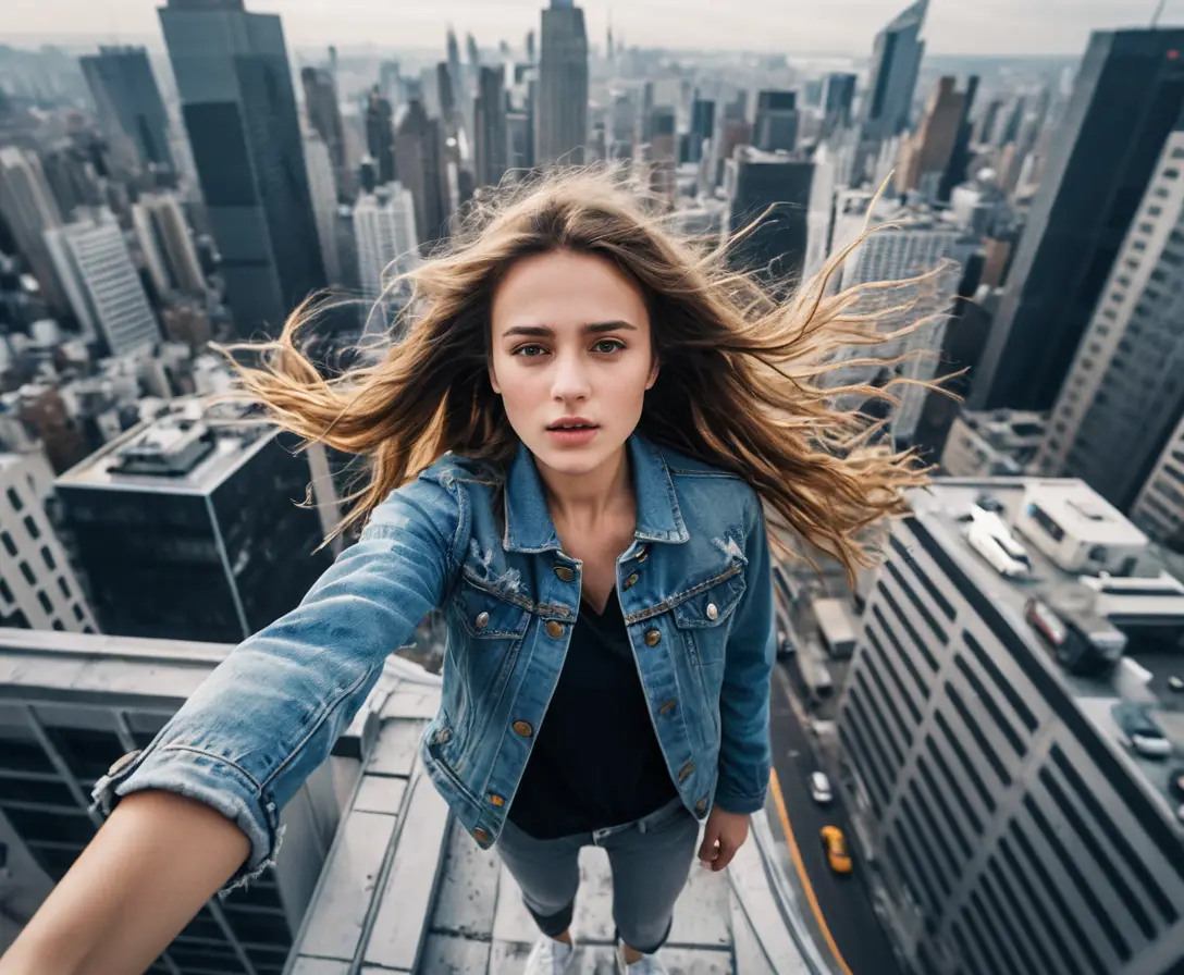Giovane donna che si scatta un selfie sul tetto di un grattacielo