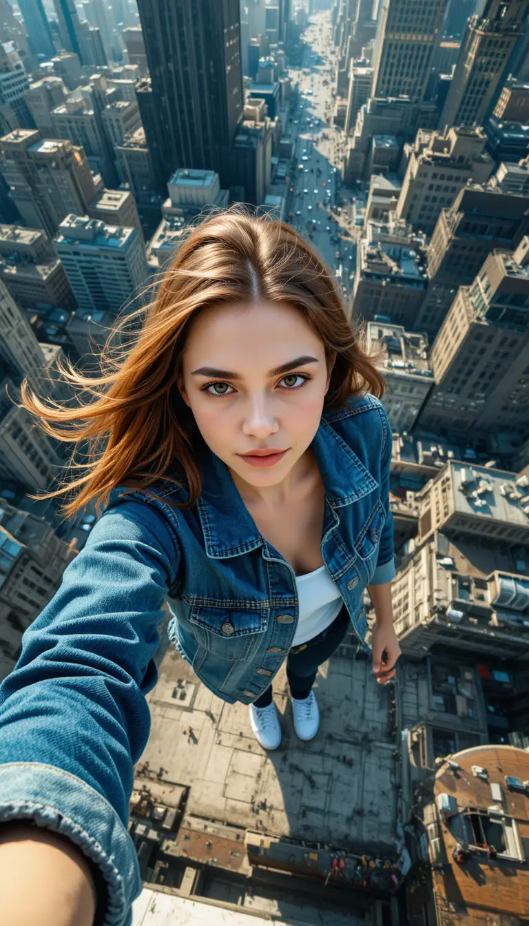 Giovane donna che si scatta un selfie audace sul tetto di un grattacielo in città