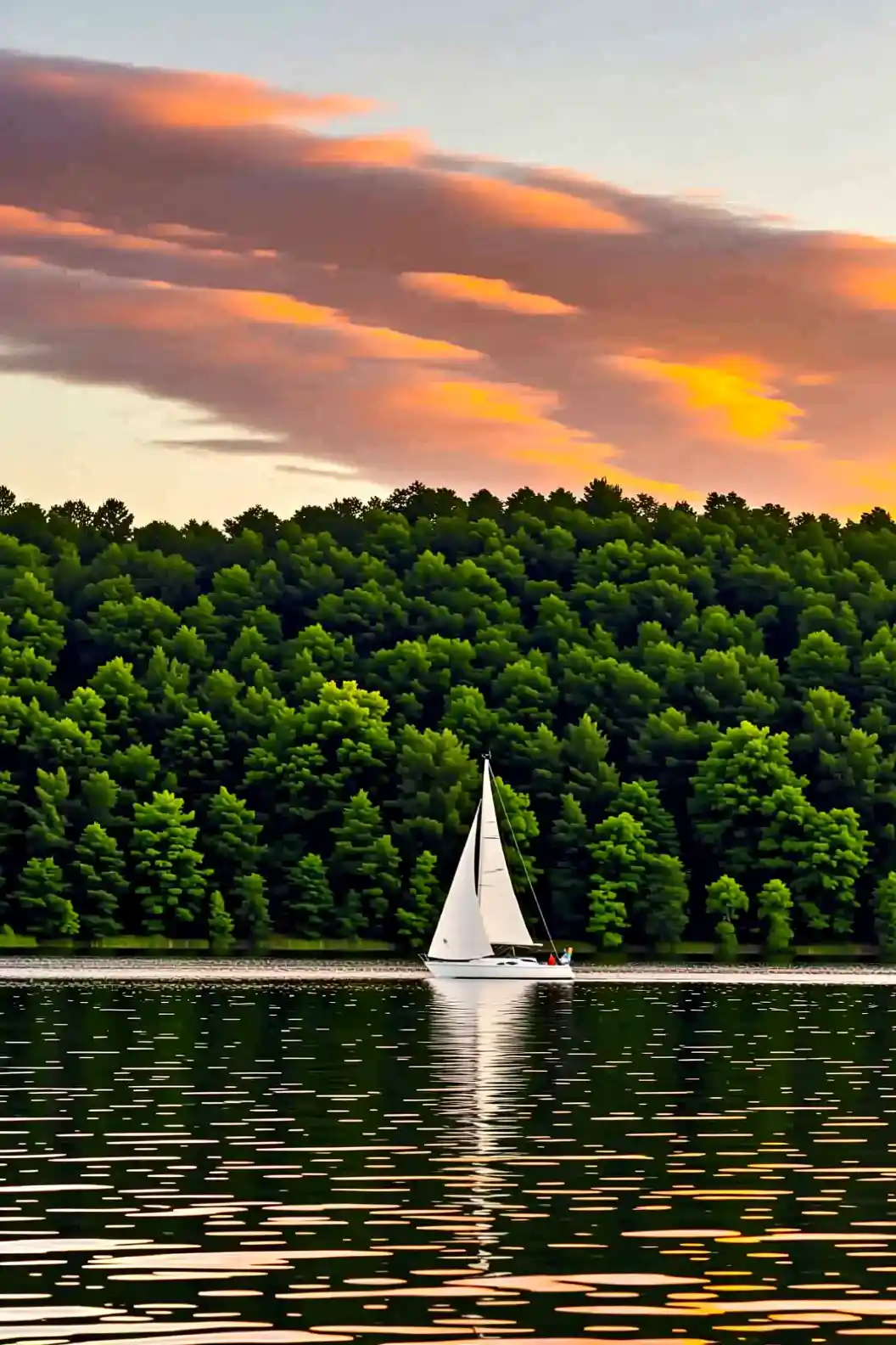 Segelboot auf ruhigem See bei goldenem Sommer­sonnenuntergang