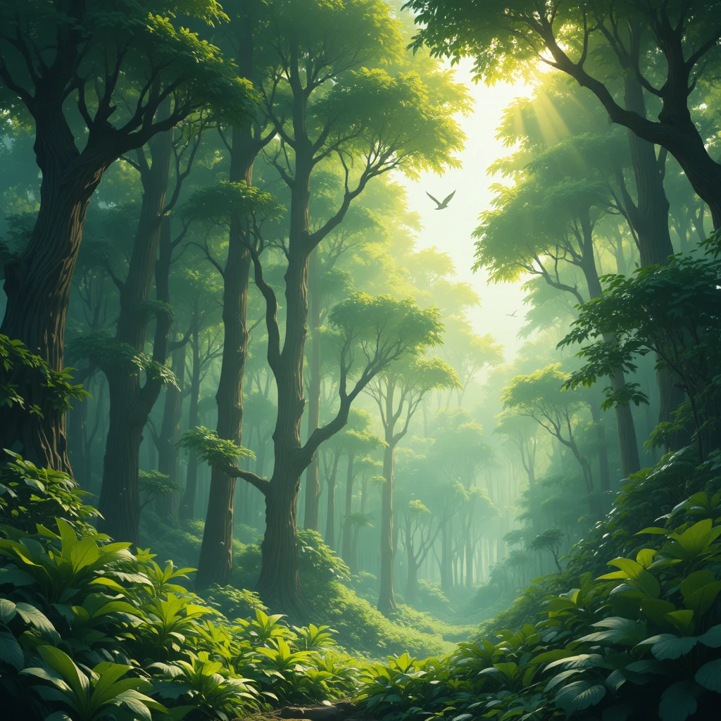 Selva iluminada pelo sol com altas árvores verdes e pássaros voando
