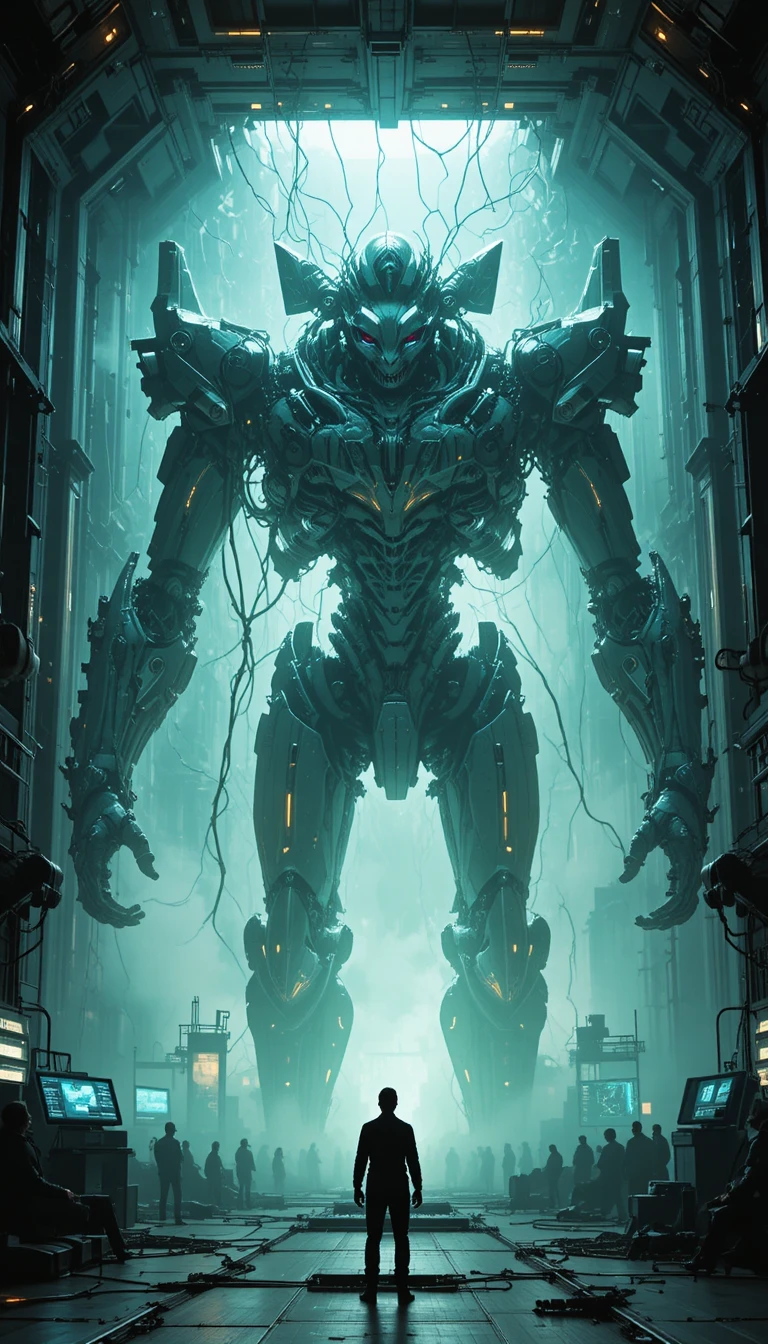Mecha biomecânico despertando em um vasto hangar de ficção científica