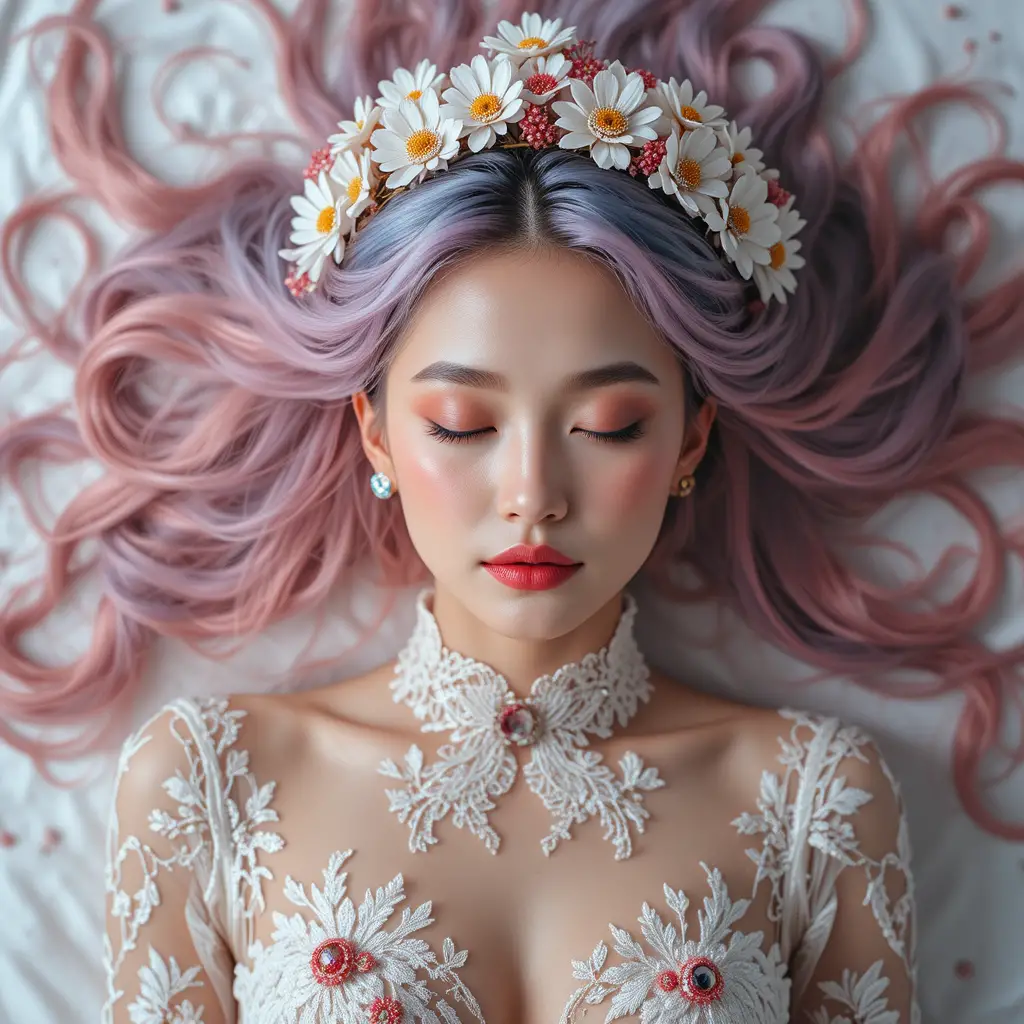 Top down portrait of a serene woman with pastel hair