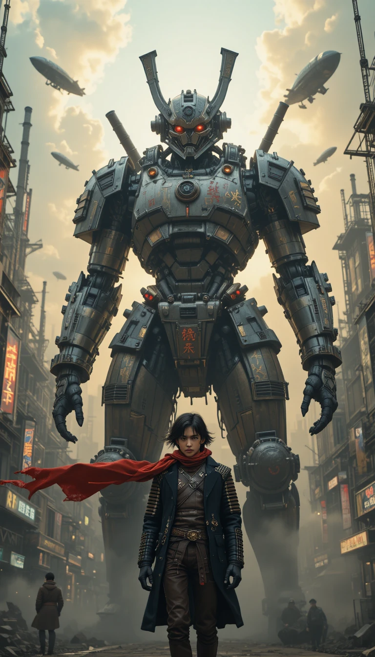 Colossale mecha samurai sovrasta il pilota in una città fumosa