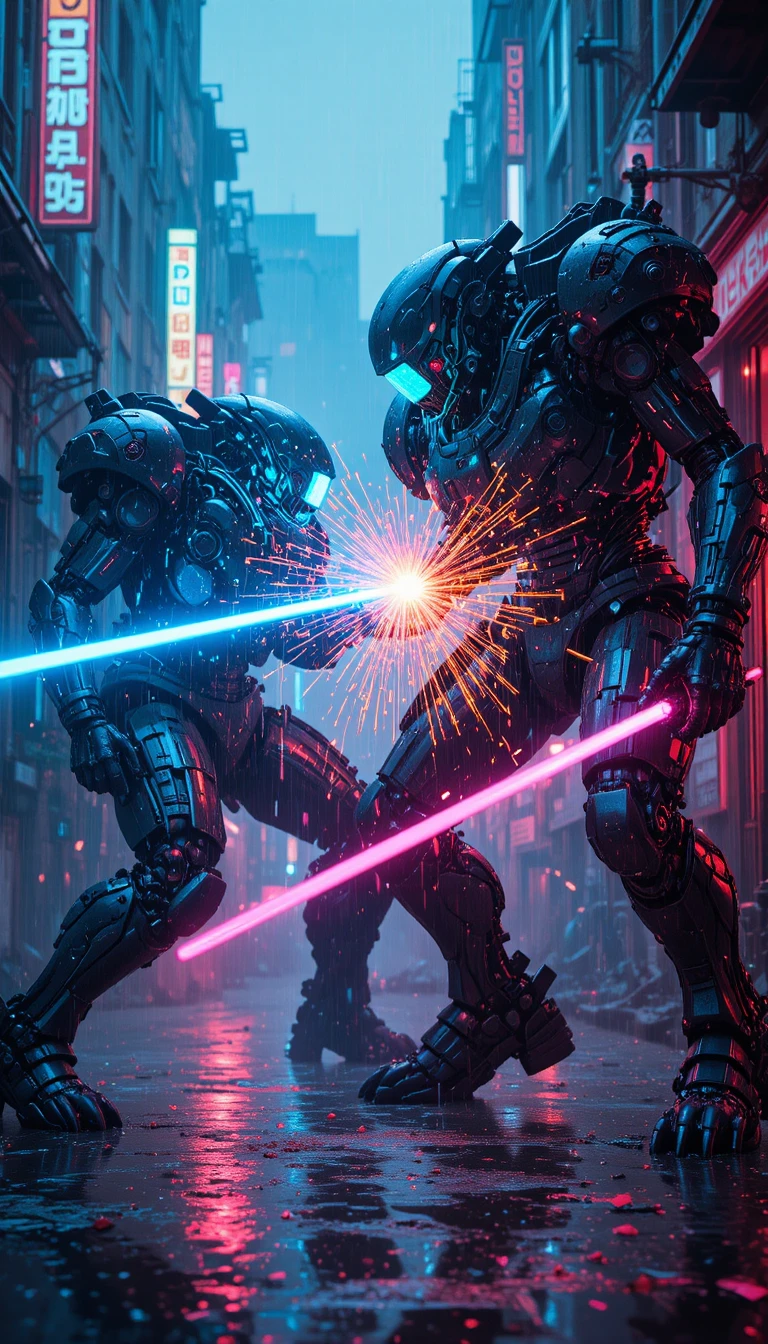Cyberpunk-Mecha-Duell in einer neongetränkten Gasse