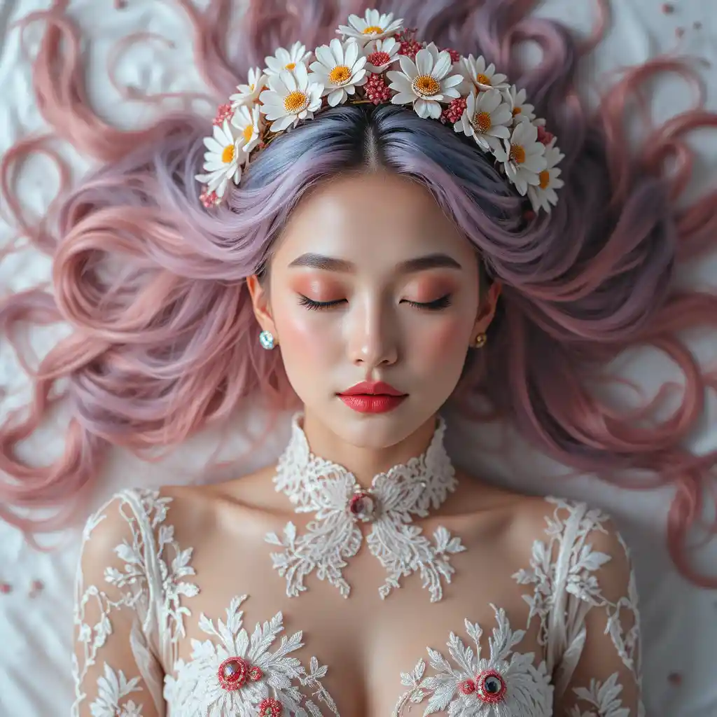 파스텔 헤어를 한 고요한 여성의 탑다운 인물 사진