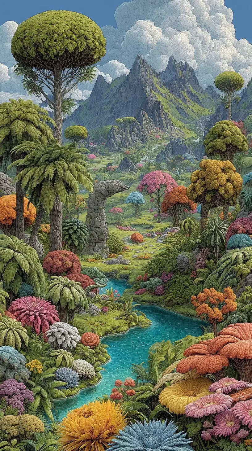 繽紛奇幻風格中活潑俏皮的史前女性插畫