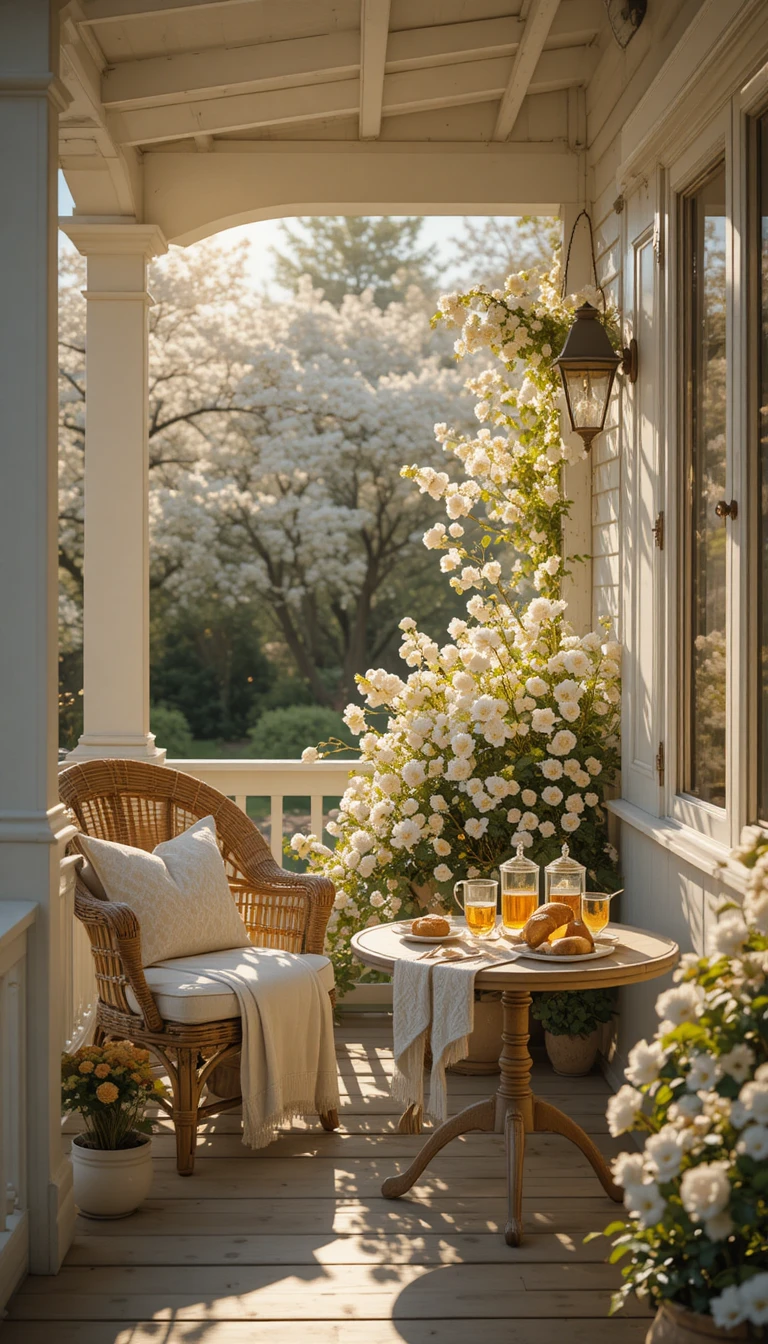 Romantische Landhausveranda im sanften Morgenlicht