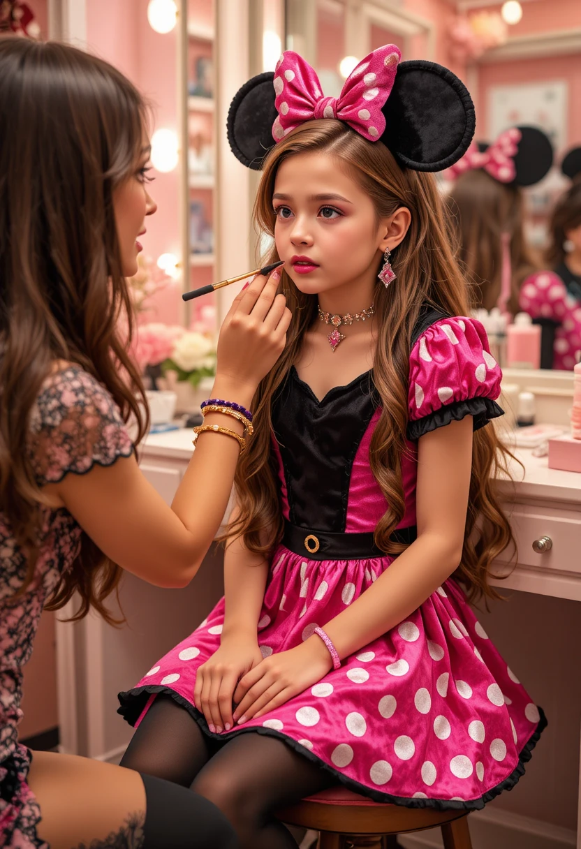 Chico preadolescente nervioso disfrazado de Minnie Mouse en el tocador