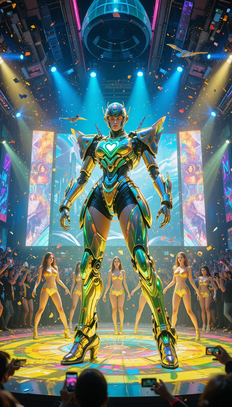 Idole mecha futuriste sur une scène holographique néon