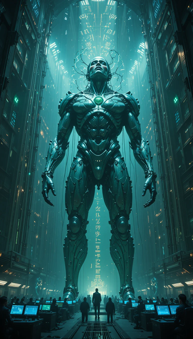 Titã biomecânico colossal em hangar sci‑fi em forma de catedral