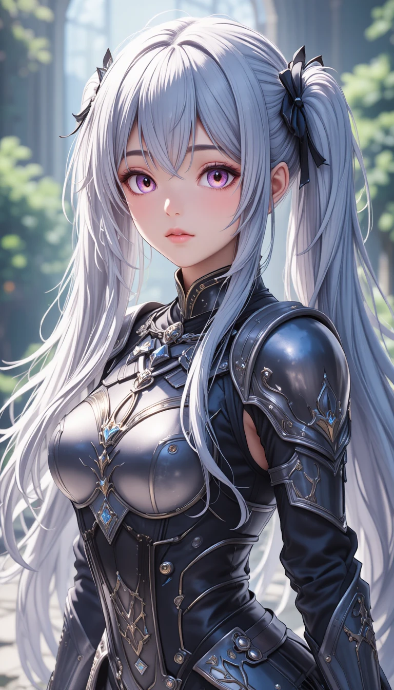 Ragazza anime dai capelli argento in ritratto con armatura fantasy ornata