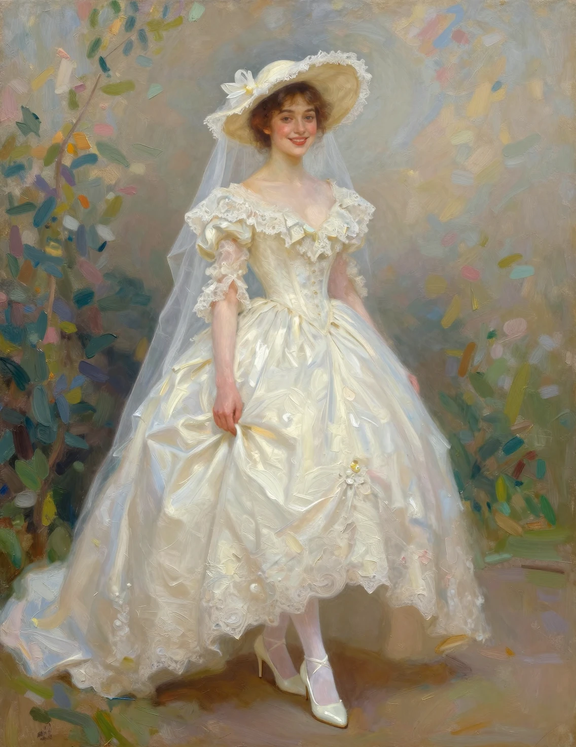 Dipinto a olio impressionista di una sposa sorridente in bianco