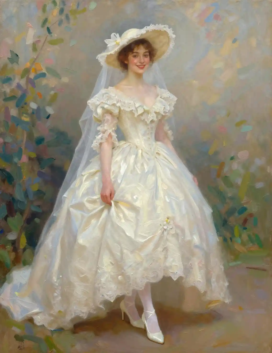 Dipinto a olio impressionista di una sposa sorridente in bianco