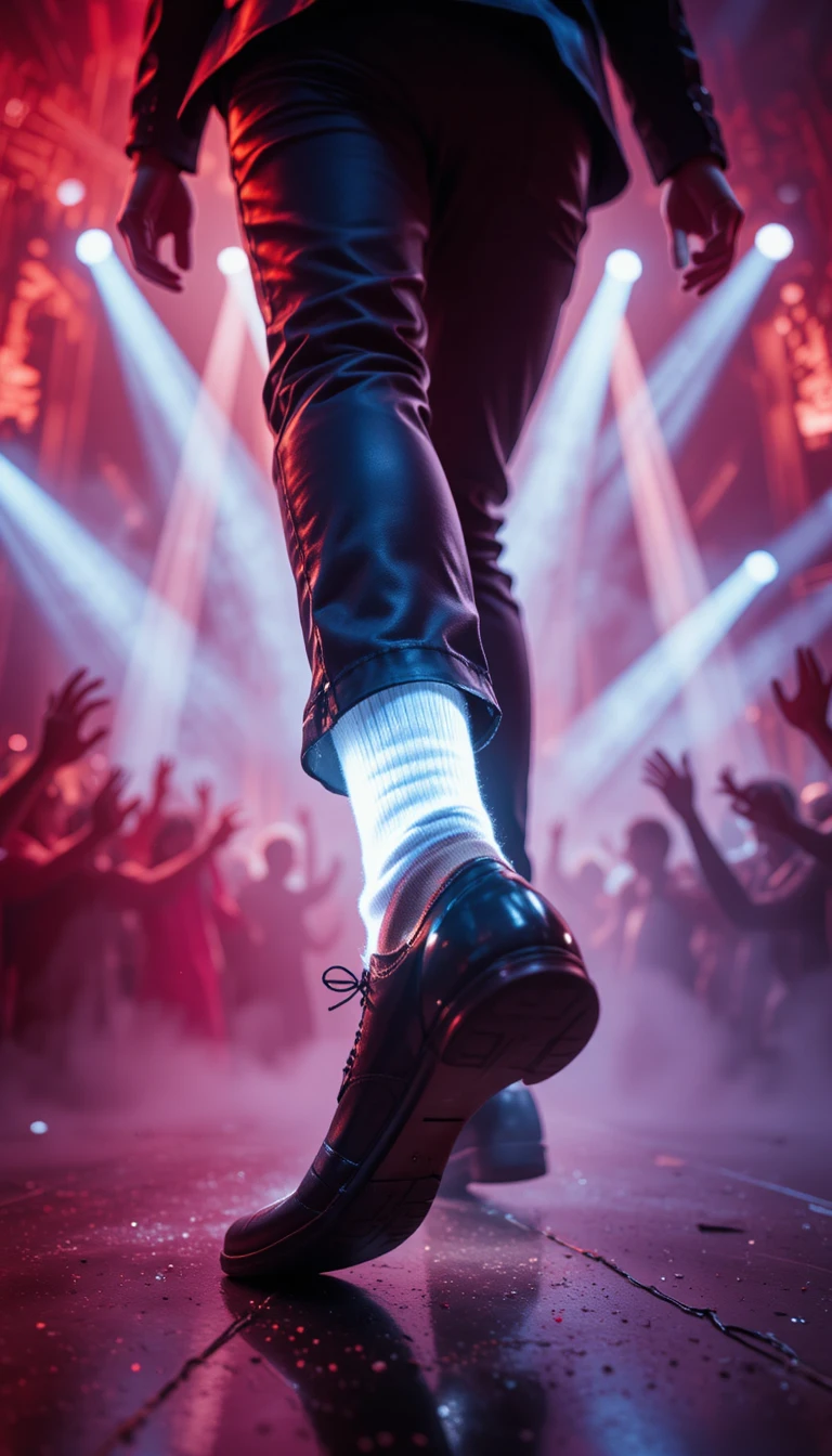 Primer plano en ángulo bajo de un bailarín a mitad de un moonwalk