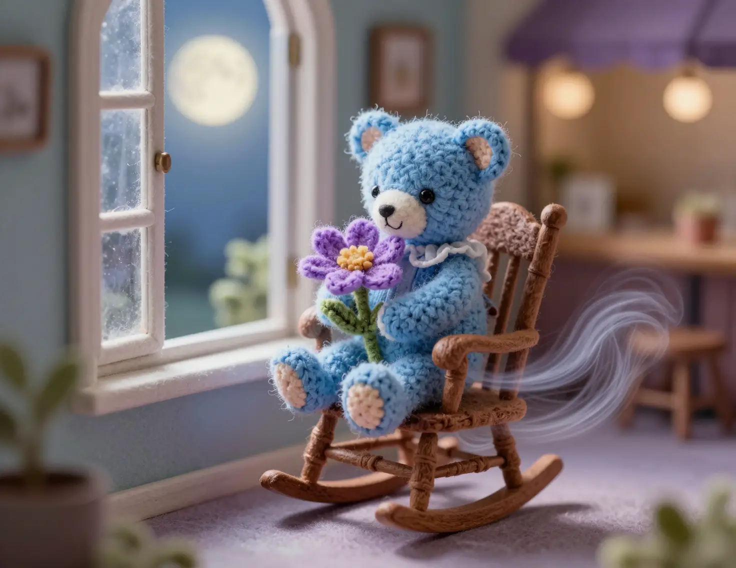 Orsetto di peluche blu su sedia a dondolo accanto a una finestra al chiaro di luna