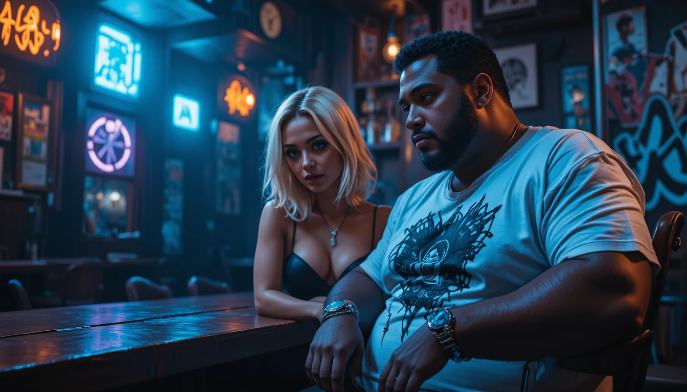 Homem e mulher pensativos em bar íntimo e pouco iluminado