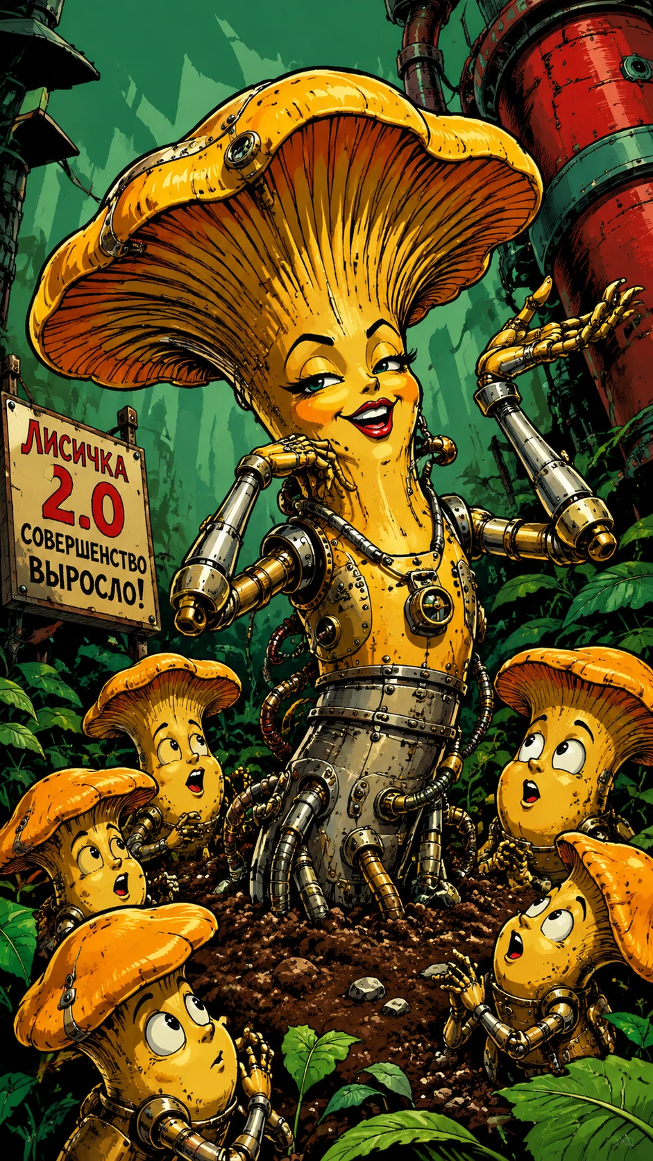 Personagem de cogumelo biopunk antropomórfico em floresta de desenho animado