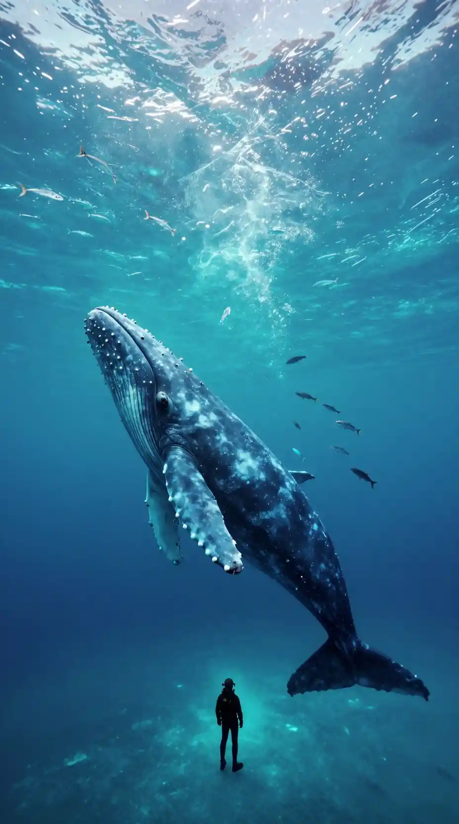 Blue whale beneath arctic ice watched by lone explorer