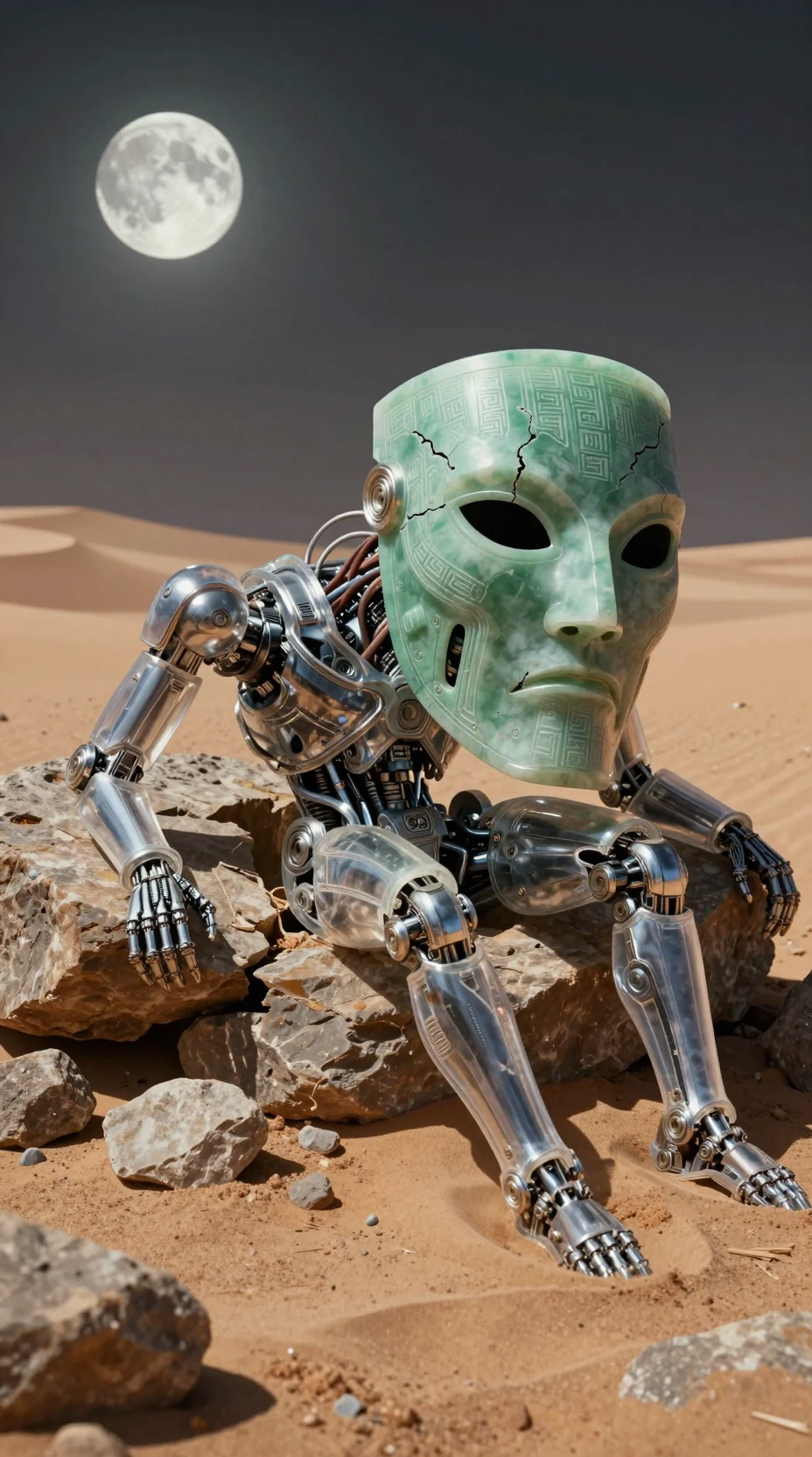 Robô humanóide em deserto ao luar com máscara de jade rachada