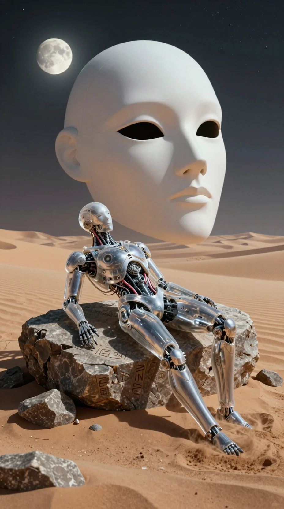 Humanoider Roboter halb in mondbeschienenen Wüstendünen vergraben