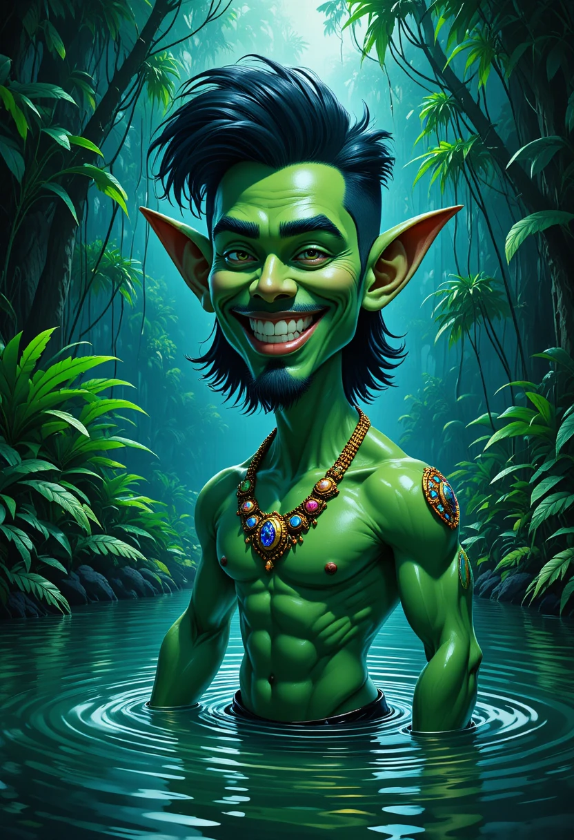 Homme vert souriant émergeant de l’eau de la jungle dans une lumière fantastique