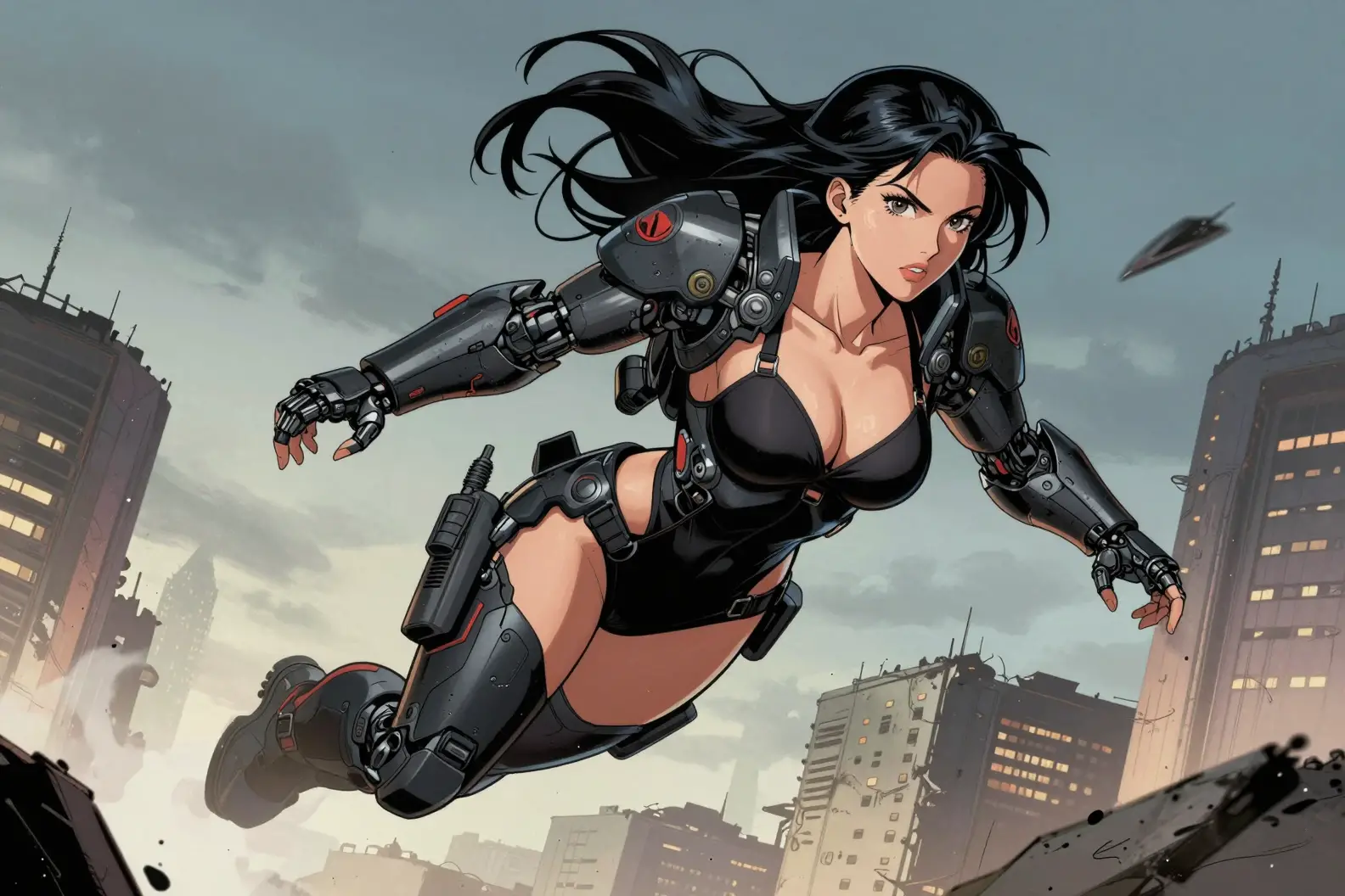 Futuristic warrior woman flying over ruined city at night