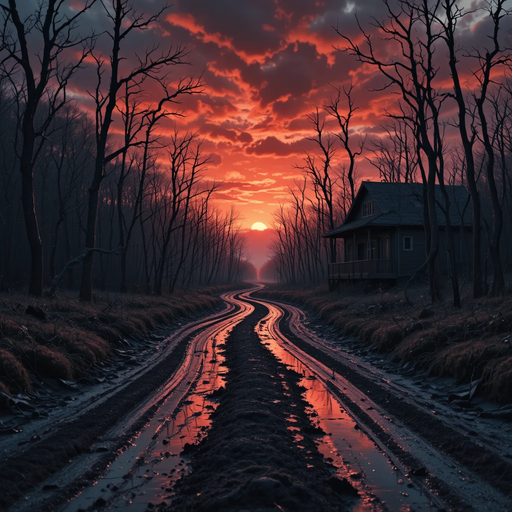 穿越扭曲冬季森林的超現實夕陽小路