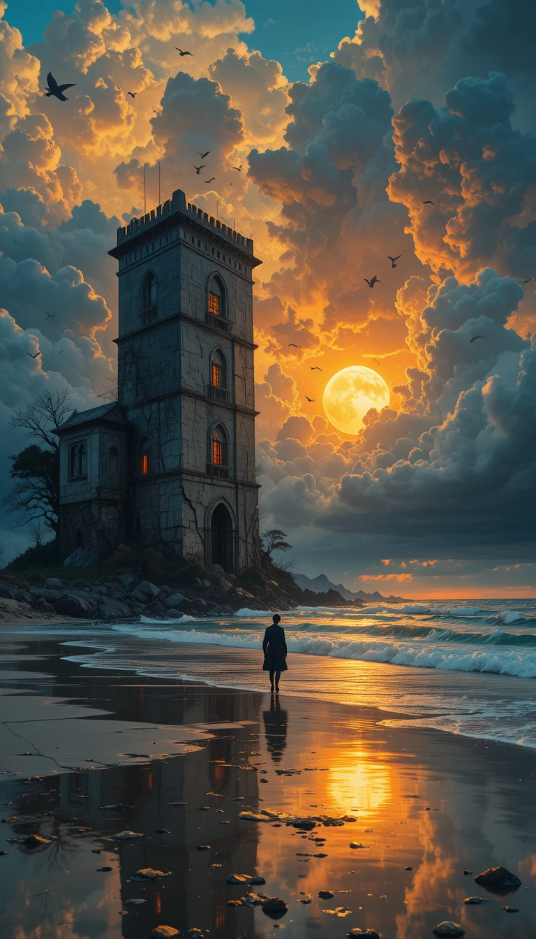 Casa ao pôr do sol tempestuoso em uma praia oceânica refletiva