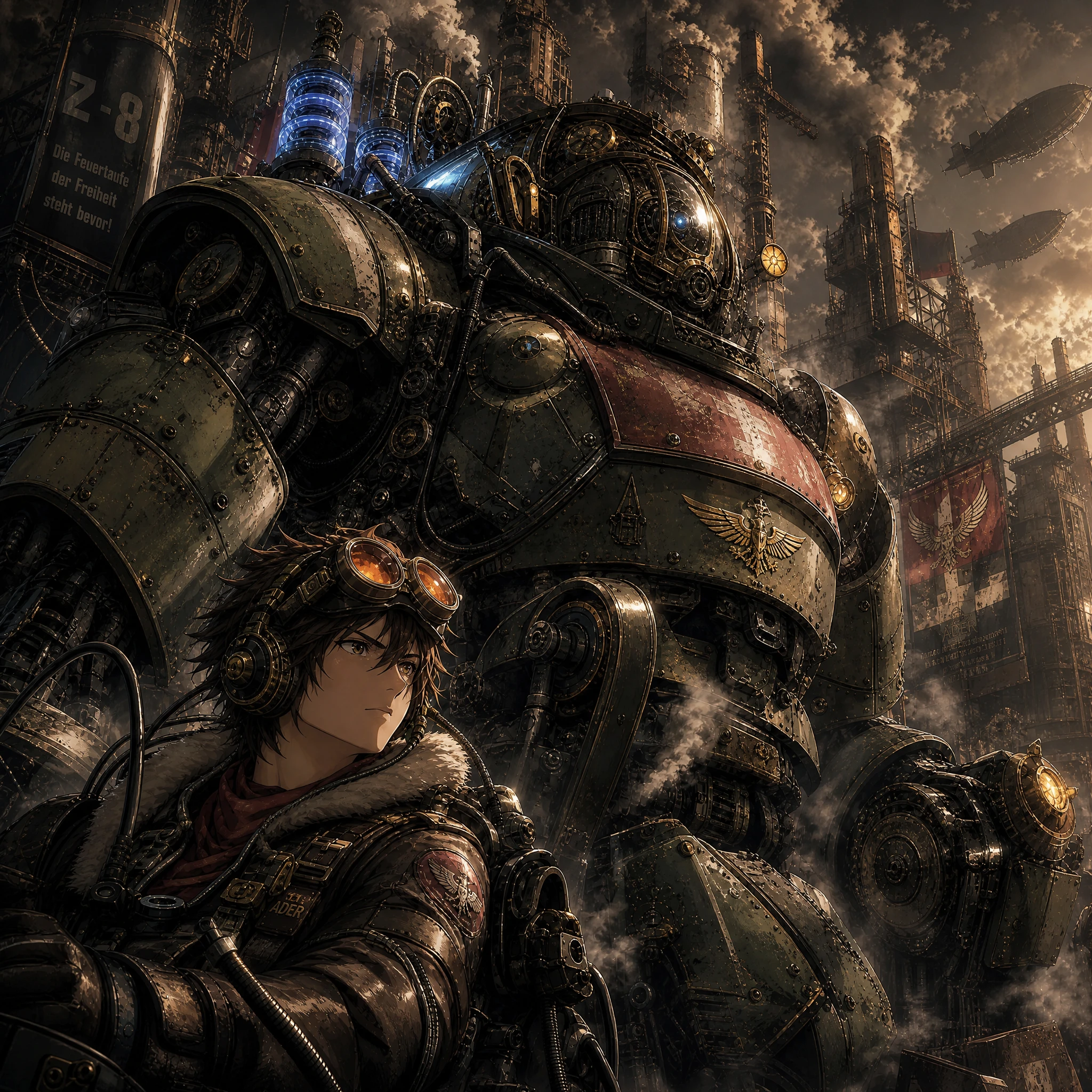 Mecha steampunk sombrio sobre uma cidade industrial arruinada