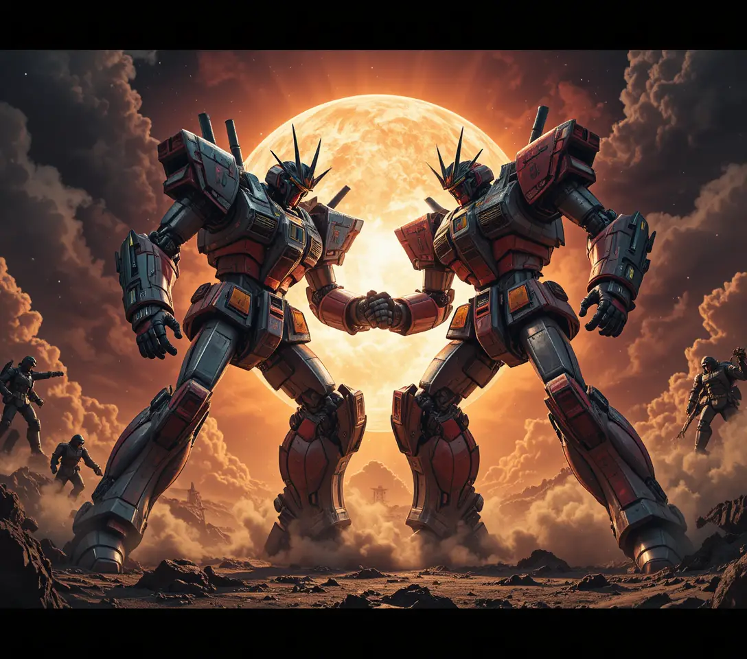 Combat colossal entre deux robots endommagés au‑dessus d’une Terre ravagée