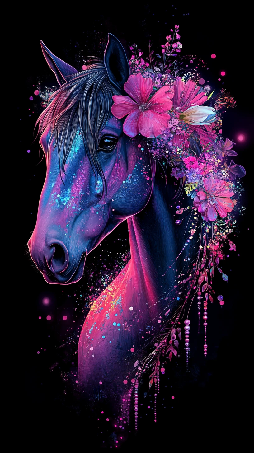 Retrato psicodélico de cavalo com guirlanda floral brilhante