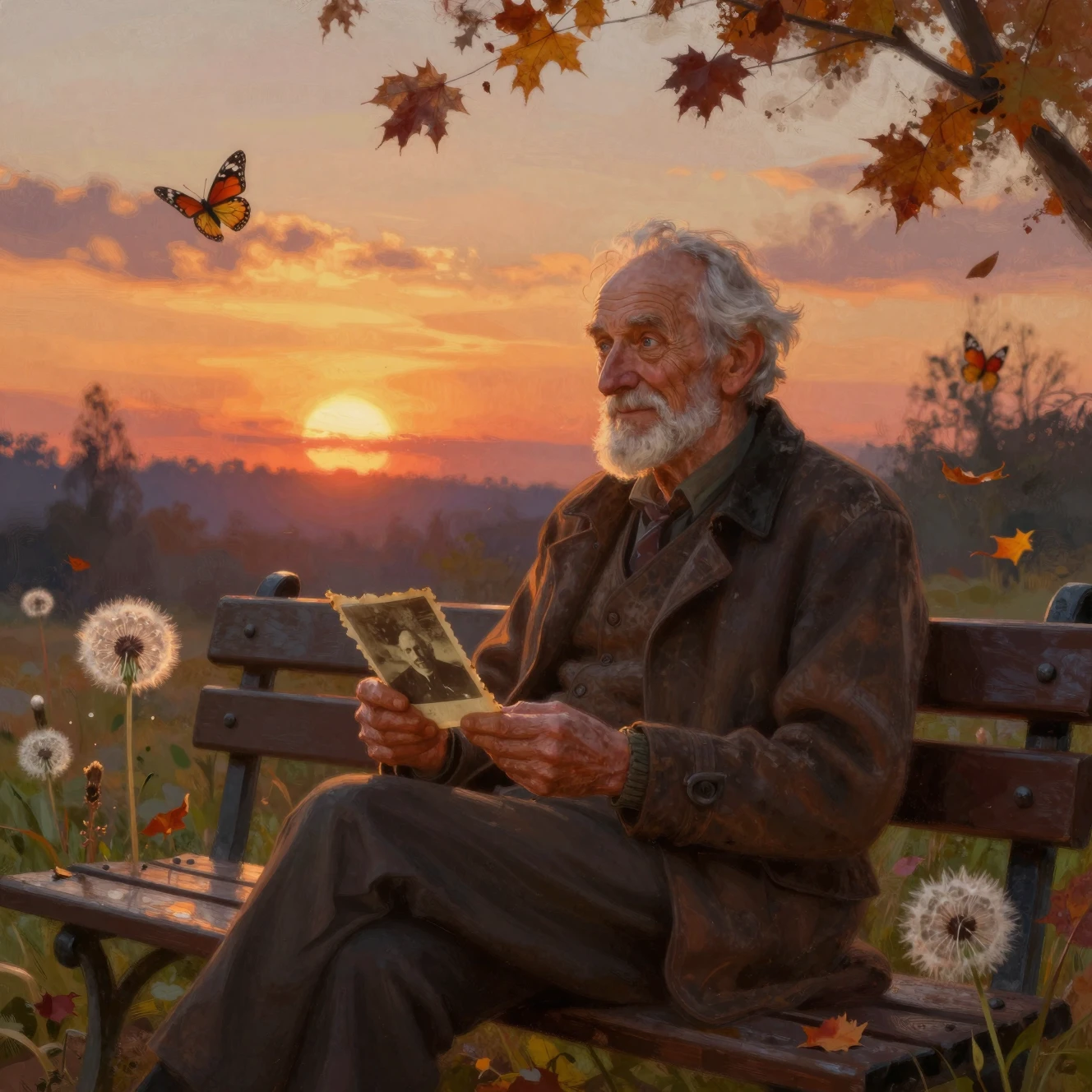 Senhor idoso em banco de parque ao pôr do sol quente e nostálgico