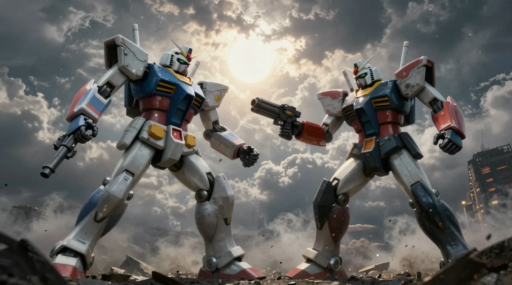 Bataille colossale entre deux robots ravagés par la guerre sur une Terre en ruines