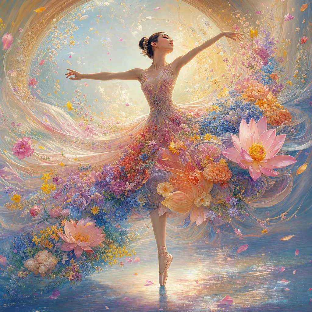 Ballerina mit Blumengarten-Tutu in traumhafter Bewegung