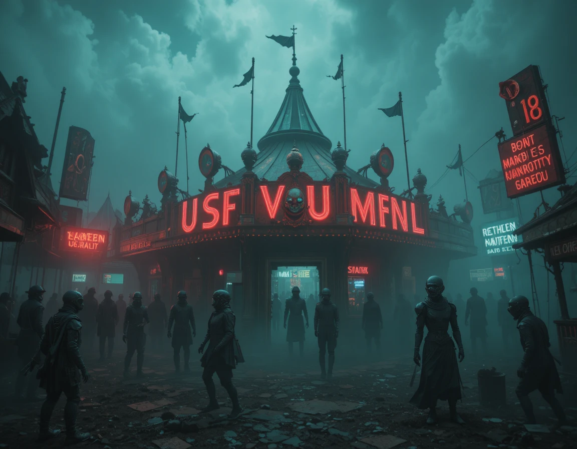 Luna park in rovina che emerge dalla fitta nebbia di mezzanotte