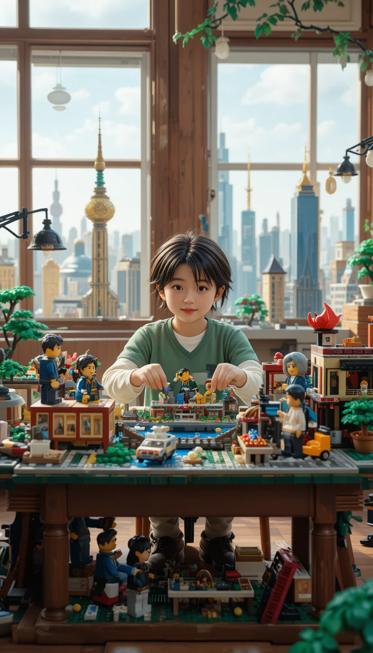 Mulher montando um diorama de Xangai em estilo LEGO na mesa de artesanato