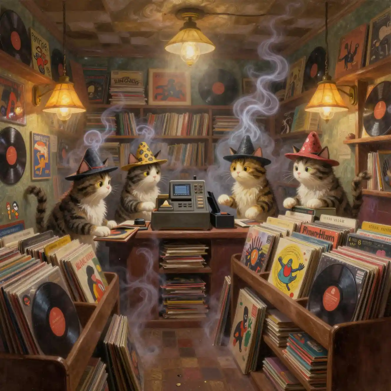 Gatos antropomórficos explorando vinilos en una acogedora tienda de discos
