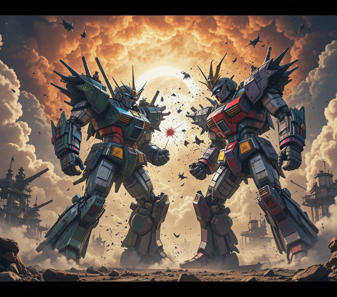 Two colossal battle robots clash over ruined Earth